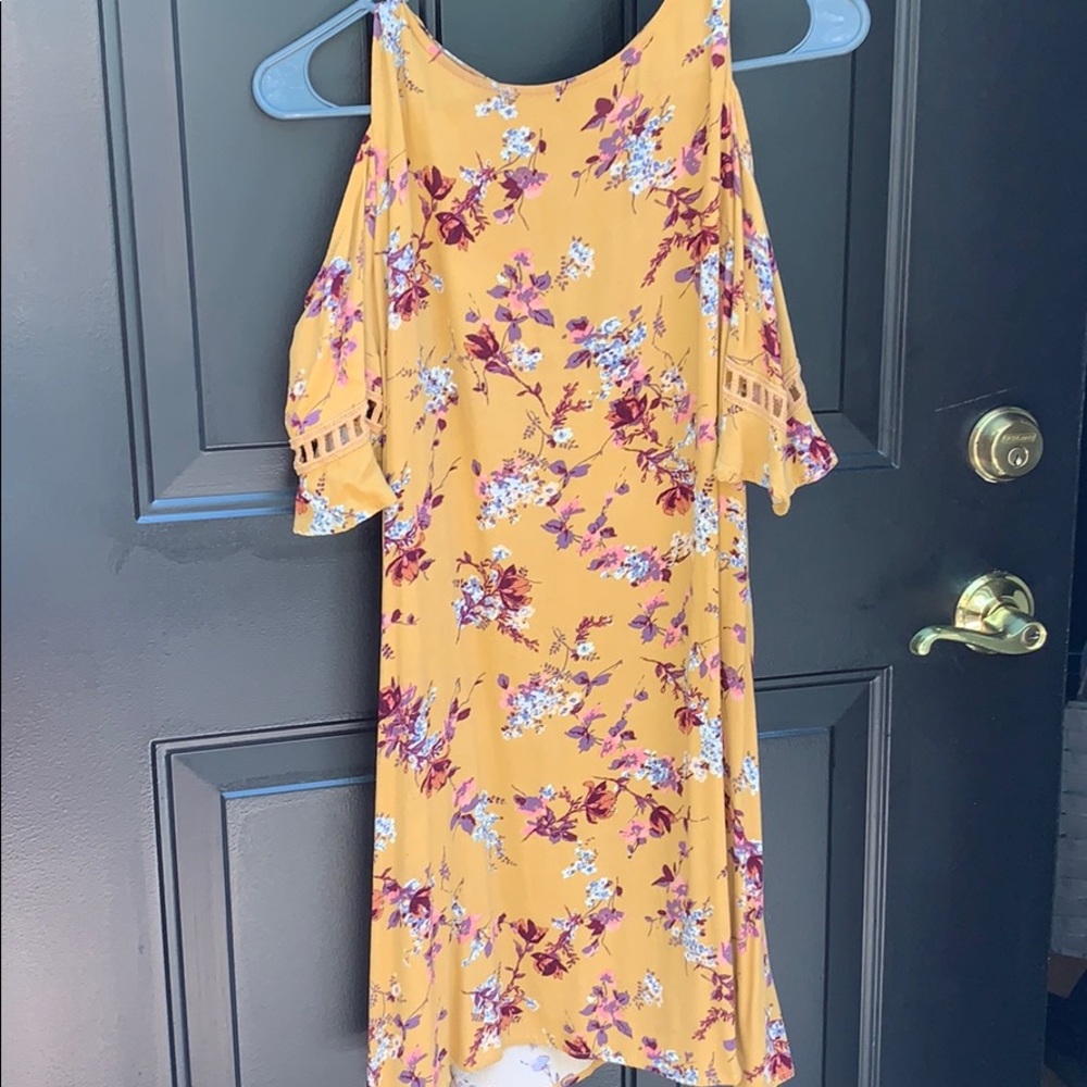 Mustard floral, cold shoulder Dress